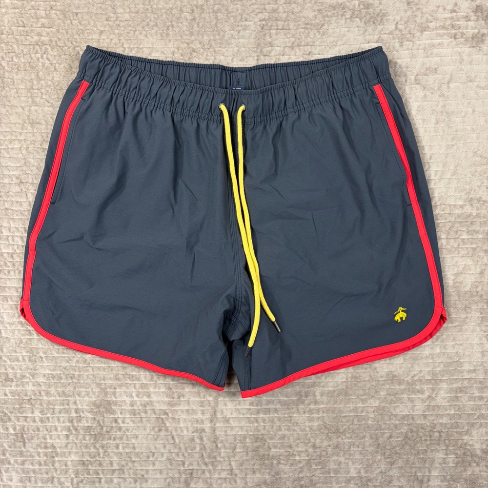 Brooks Brothers Mens Swim Trunks Gray Red Yellow Logo L Lined Board‎ Shorts